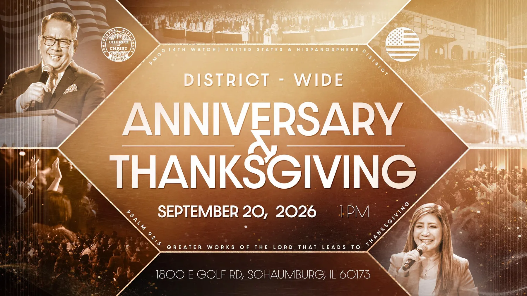 Official art for the District-Wide Anniversary and Thanksgiving: crowds, the American flag, and celebration in gold